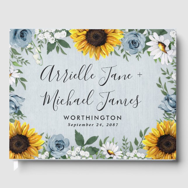 Livro De Visitas Sunflower Dusty Blue Country Rosa Rustic Casamento (Frente)