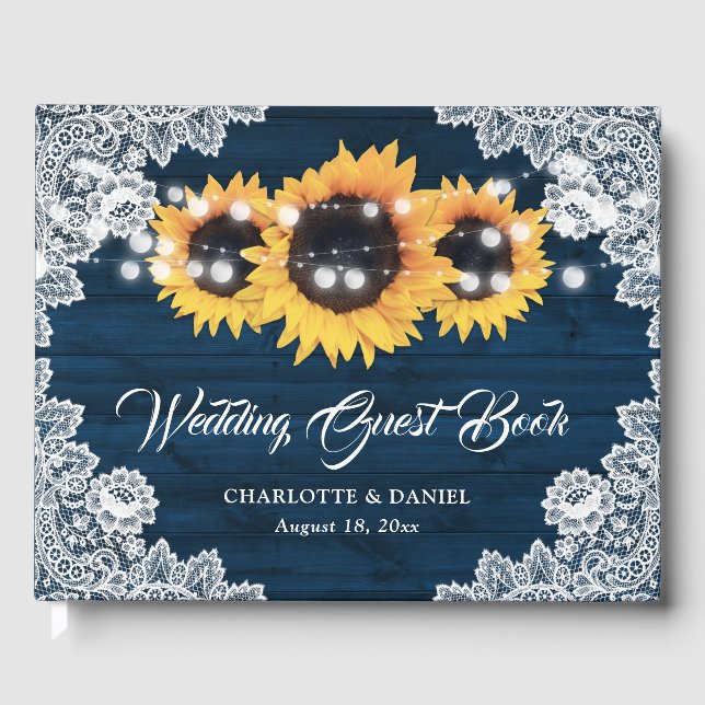 Livro De Visitas Sunflower Navy Blue Wood Floral Lace Wedding (Frente)