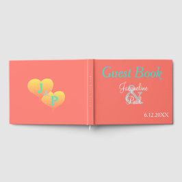 Livro De Visitas Sunset Hearts Coral Wedding Monograma