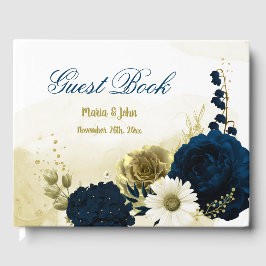 Livro De Visitas Surpreendente marinho de flores azuis de ouro botâ