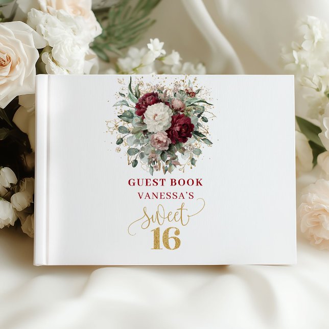 Livro de Visitas Sweet 16 Bege Borgonha Verde (Greenery Blush Burgundy Sweet 16 Guest Book)