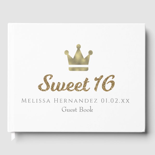 Livro De Visitas Sweet 16 Glitter Dourado Crown Princess (Frente)