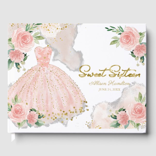 Livro De Visitas Sweet 16 Guest Book Blush Link Gown Floral (Frente)