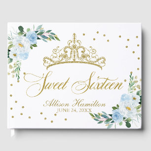 Livro de Visitas Sweet 16 Tiara Dourada Floral Azu