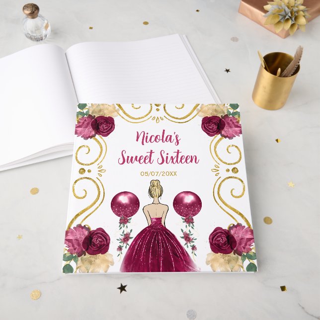 Livro De Visitas Sweet Sixteen Blonde Hair Princess in Burgundy (Frente aberta)