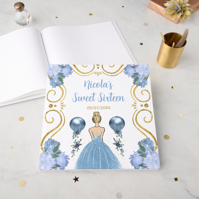 Livro De Visitas Sweet Sixteen Blonde Princess in Dusty Blue (Frente aberta)