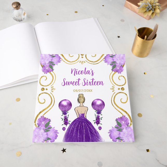 Livro De Visitas Sweet Sixteen Blonde Princess in Purple (Frente aberta)