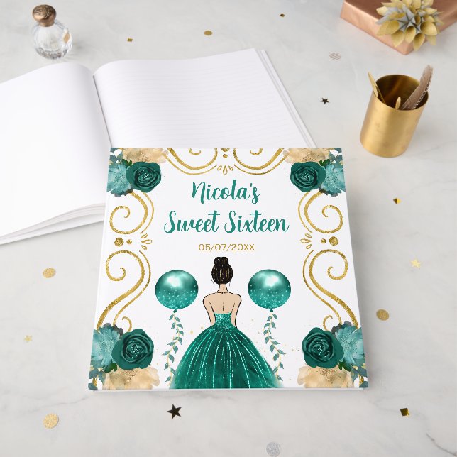 Livro De Visitas Sweet Sixteen Brown Hair Princess in Teal (Frente aberta)
