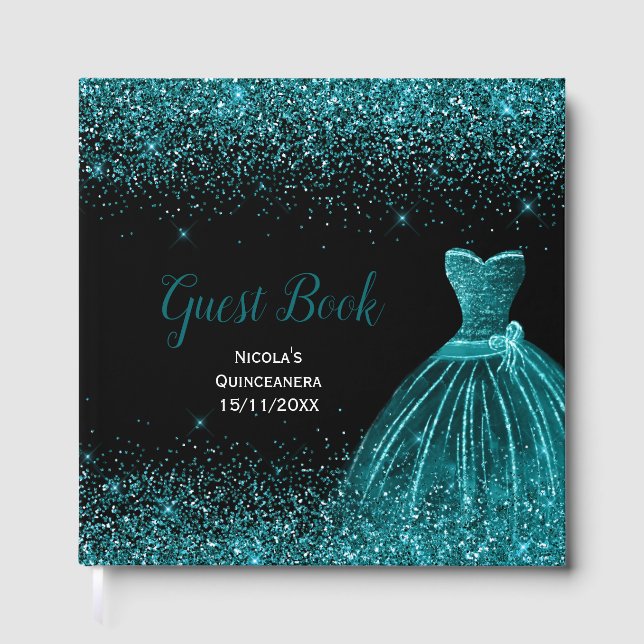 Livro De Visitas Teal Blue Dress Faux Glitter Quinceanera (Frente)
