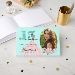 Livro De Visitas Teal Blue Floral e Foto Quinceañera Personalizada