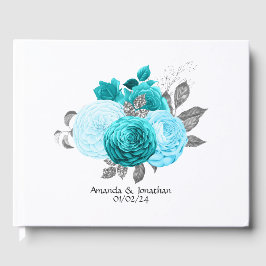 Livro De Visitas Teal - Casamento Floral Turquesa e Prata