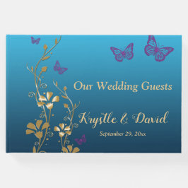 Livro De Visitas Teal, Dourado, Floral Roxo, Borboletas Guestbook