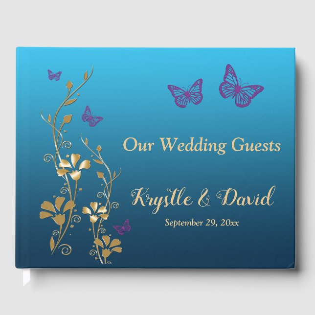 Livro De Visitas Teal, Dourado, Floral Roxo, Borboletas Guestbook (Frente)