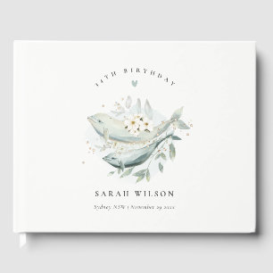 Livro De Visitas Teal Dourado Floral Subaquático Peixe Aniversário