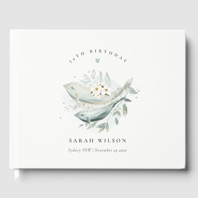 Livro De Visitas Teal Dourado Floral Subaquático Peixe Aniversário  (Frente)