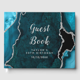 Livro De Visitas Teal e Silver Agate Marble Aniversário