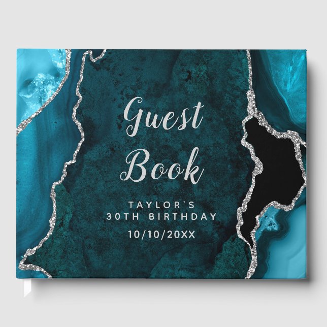 Livro De Visitas Teal e Silver Agate Marble Aniversário (Frente)