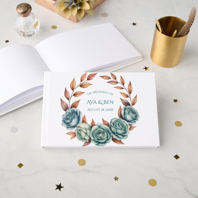 Livro De Visitas Teal Roses and Copper Leaves Wedding (Frente aberta)