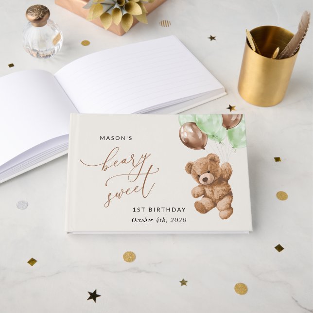Livro De Visitas Teddy Bear, Balões Verdes, Primeiro Aniversário (Frente aberta)