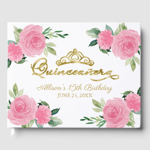Livro De Visitas Tiara Dourada Rosa Quente Floral Quinceanera