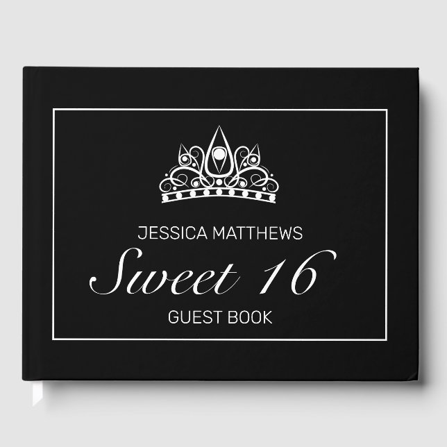 Livro De Visitas Tiara Modern Black Minimalist Sweet 16 Birthday (Frente)