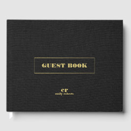 Livro De Visitas Tipografia Dourada Mínima de Linen Preto Monograma