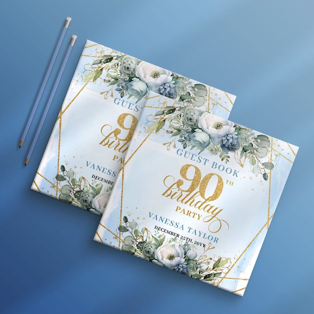 Livro De Visitas Trendy Dusty Blue Flowers Glitter Frame 90th  (Trendy Dusty Blue Flowers Glitter Frame 90th Birthday Guest Book

)