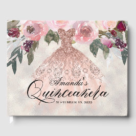 Livro De Visitas Trendy Floral Rosa Dourada Gown Quinceañera