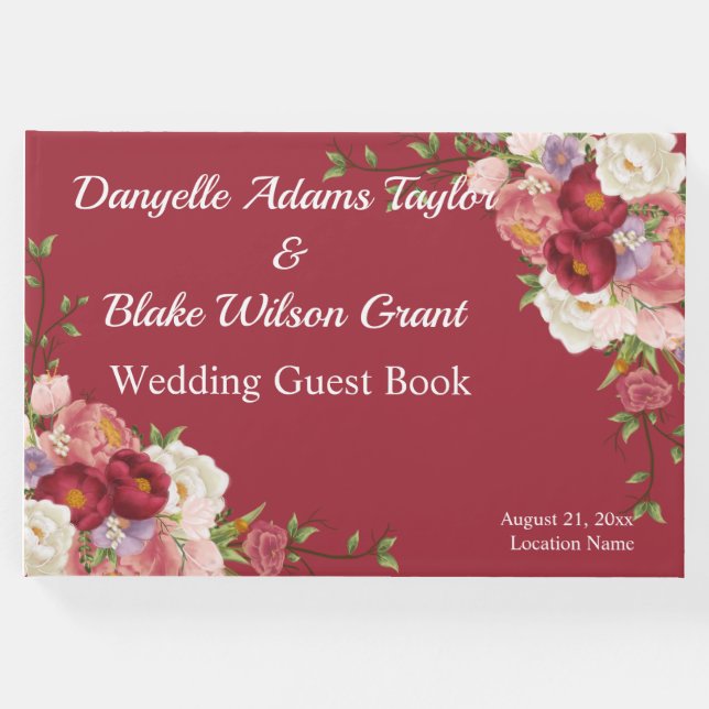 Livro De Visitas Trendy Red, Script Font Floral Weding Guest Book (Frente)