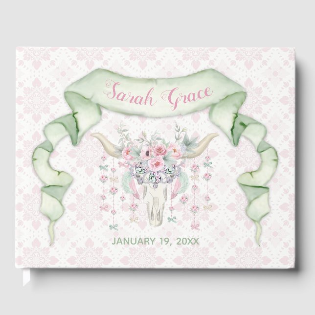 Livro De Visitas Tribal Floral Bull Horns Arrows Rosa Mint Feminina (Frente)