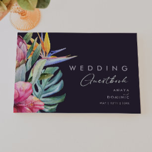 Livro De Visitas Tropical Floral Colorida Casamento Roxo Escuro