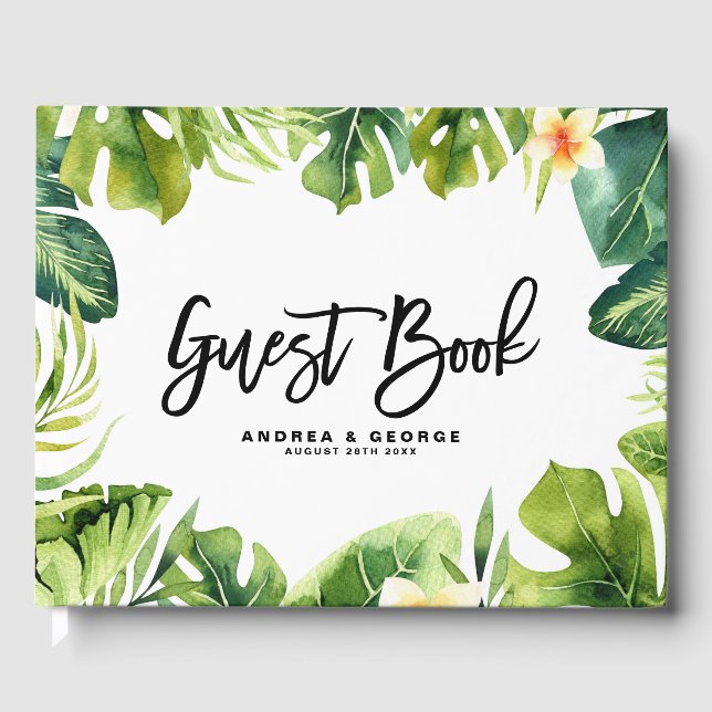 Livro De Visitas Tropical Greenery e Moldura de Plumeria Casamento  (Frente)