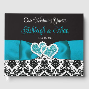 Livro De Visitas Turquesa, Black Damask Love Heart Casamento