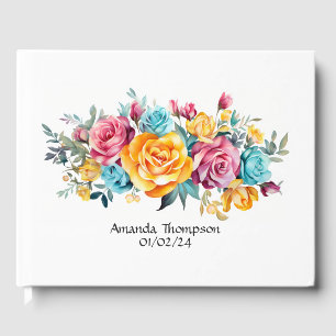 Livro De Visitas Turquesa, Casamento Floral Amarelo-Rosa