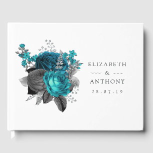 Livro De Visitas Turquesa - Casamento Floral de Teal Black e Silver