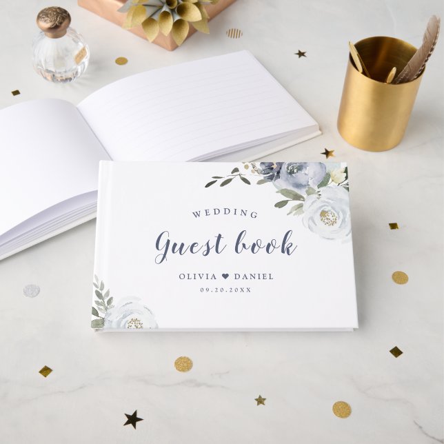 Livro De Visitas Um hóspede de casamento floral azul empoeirado (Frente aberta)