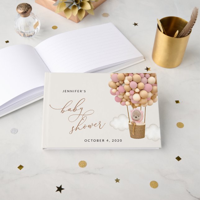 Livro De Visitas Urso, Balões Rosa, Balão de Ar Quente, Chá de fral (Frente aberta)