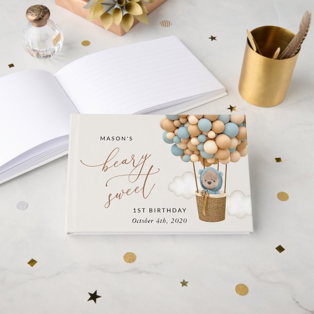 Livro De Visitas Urso Bastante, Balões Azuis, Primeiro Aniversário (Frente aberta)
