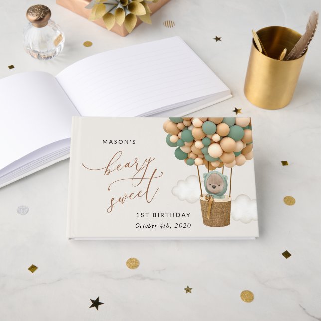 Livro De Visitas Urso Bonito, Balões Verdes, Primeiro Aniversário (Frente aberta)
