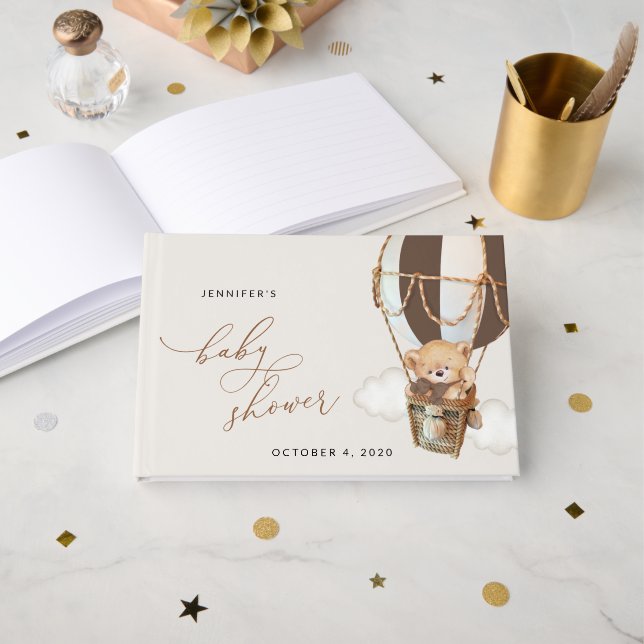 Livro De Visitas Urso de Pelúcia, Balão de Ar Quente Marrom, Chás d (Frente aberta)