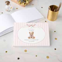 Livro De Visitas Urso de Pelúcia, Laço Rosa, Listras Rosas, Primeir
