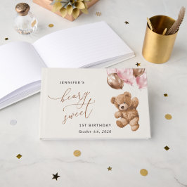 Livro De Visitas Urso de Teddy, Balões Rosa, Primeiro Aniversário