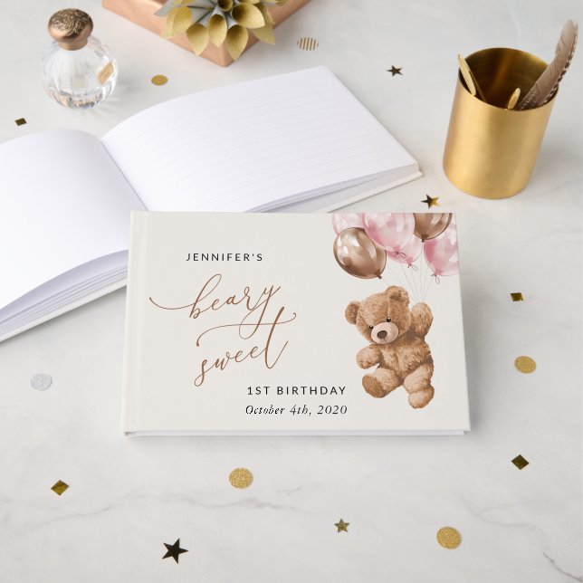 Livro De Visitas Urso de Teddy, Balões Rosa, Primeiro Aniversário (Frente aberta)