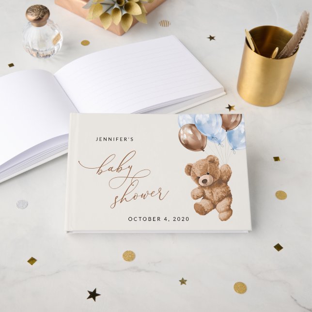 Livro De Visitas Urso De Teddy, Urso De Bebê, Balões Azuis, Chá de  (Frente aberta)