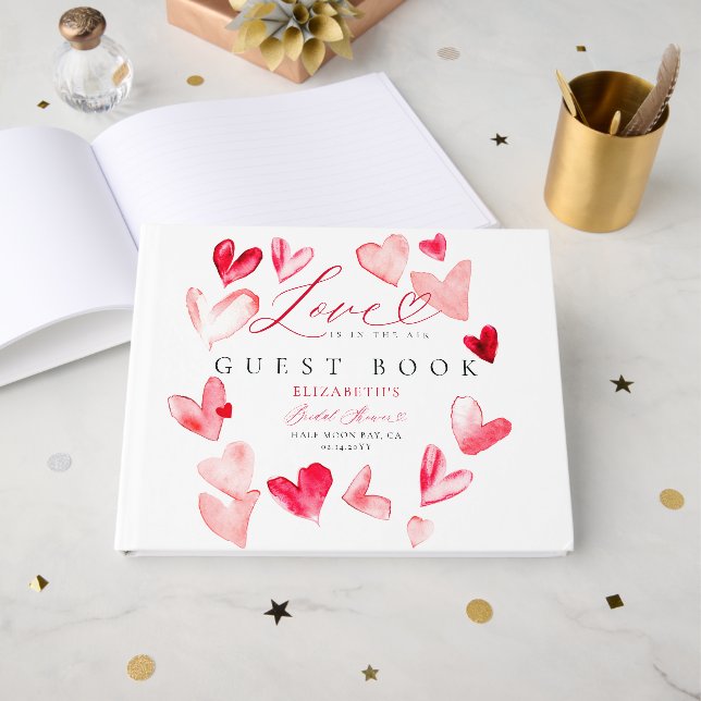 Livro De Visitas Valentine Bridal Shower Whimsical Heart Watercolor (Frente aberta)