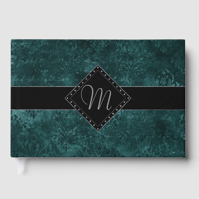 Livro De Visitas Velvety Teal Damask | Grunge Verde Escuro Personal (Frente)