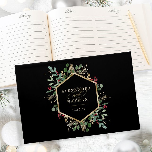 Livro De Visitas Verde dourado em Preto | Casamento de Natal (A beautiful, glamorous guest book, perfect for your elegant holiday winter wedding)