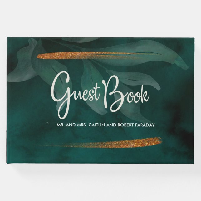 Livro De Visitas verde-esmeralda moderno e folhas (Frente)