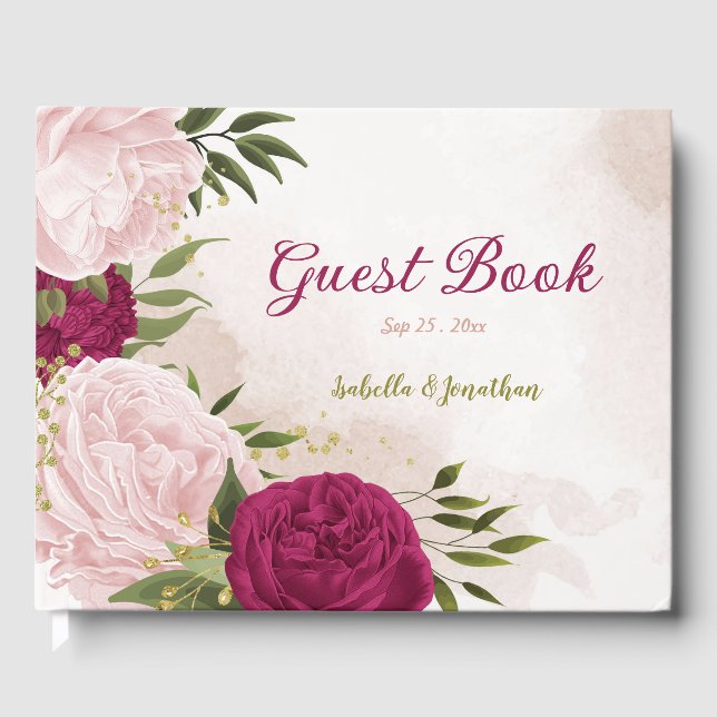 Livro De Visitas verde-flores rosa magenta (Frente)