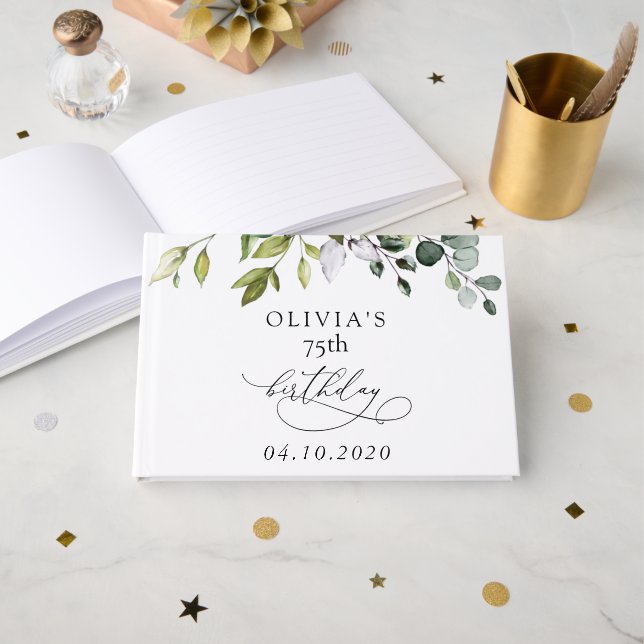 Livro De Visitas Verdura, Folhas de Eucalipto, Boho, Aniversário (Frente aberta)